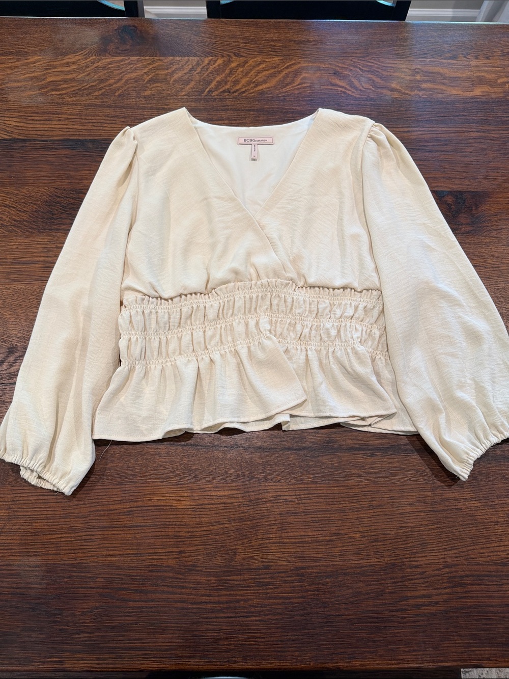 BCBGeneration Ivory Smocked Waist V-Neck Blouse